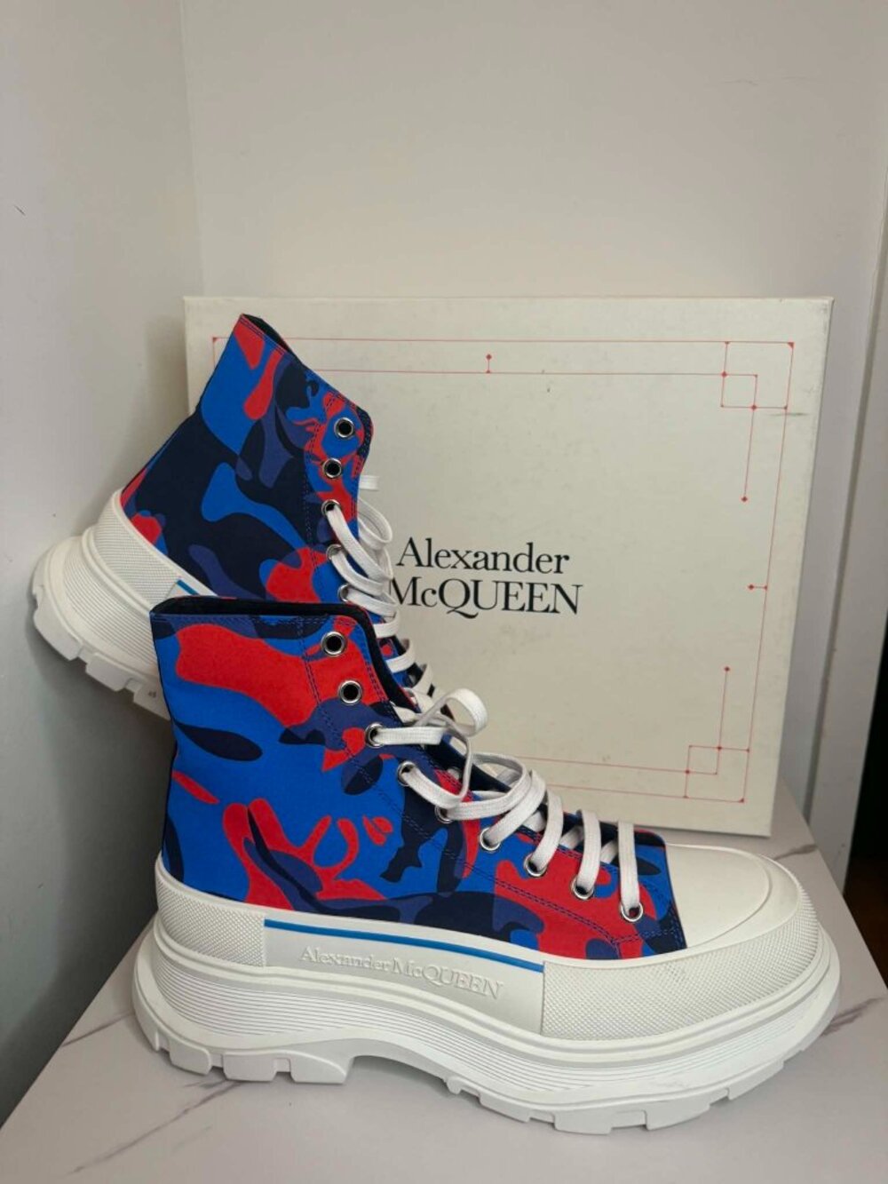 Alexander McQueen Men's Tread Slick High Top Boot Camo Skull Blk/Blu/Rd EU 45